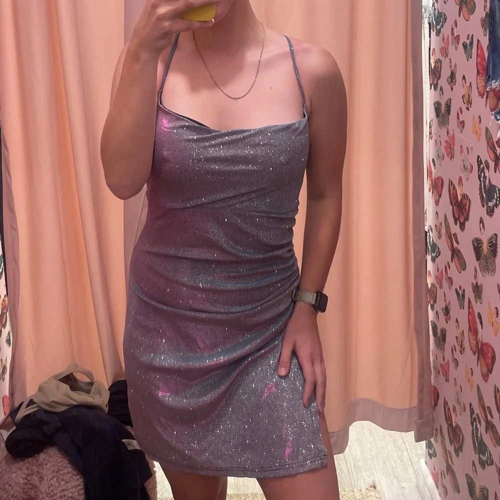 Iridescent Purple Mini Dress with Spaghetti Straps - Picture 1 of 5